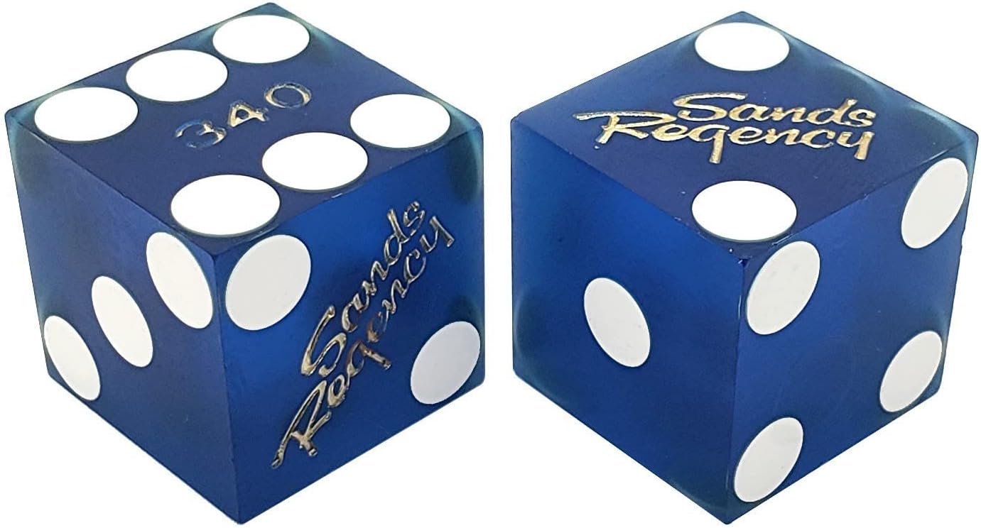 Authentic Lake Tahoe Reno Nevada Non-Vegas Casino Table-Played Craps Dice Set with Pouch, Full Stick of 5 Matching Serial Numbers - Reno Sands Regency (Blue Frosted)