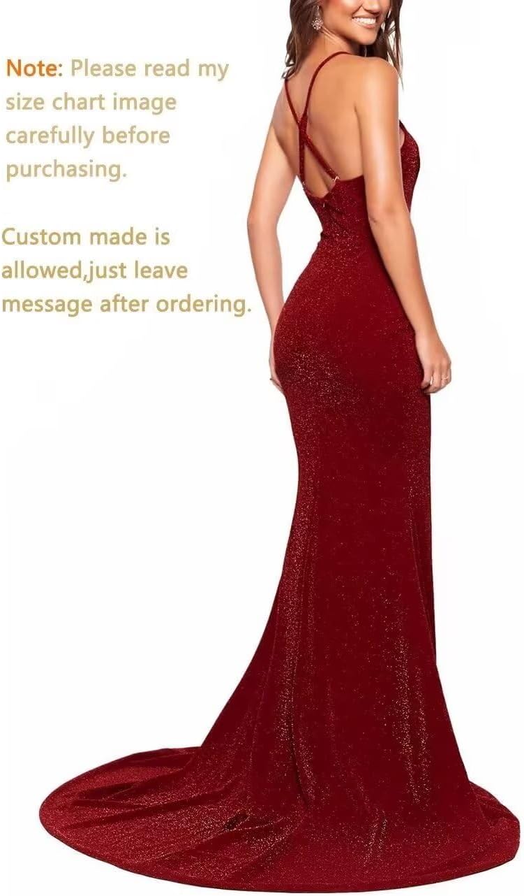 Glitter Prom Dresses for Women 2024 Sparkly Long Deep V Neck Mermaid Spaghetti Strap Formal Evening Gown with Slit