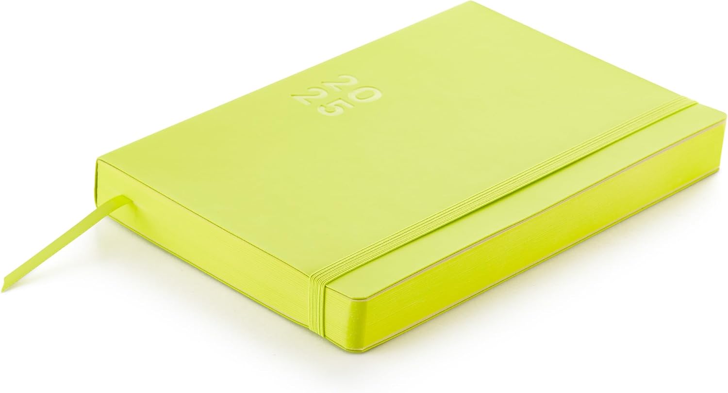 Miquelrius - 2025 Diary, Size 155 x 213 mm, Day Page Diary, Stitched Leather Cover, 100 g/m² Sustainable Paper, Elastic Closure, Catalan, English and Portuguese, Fluor