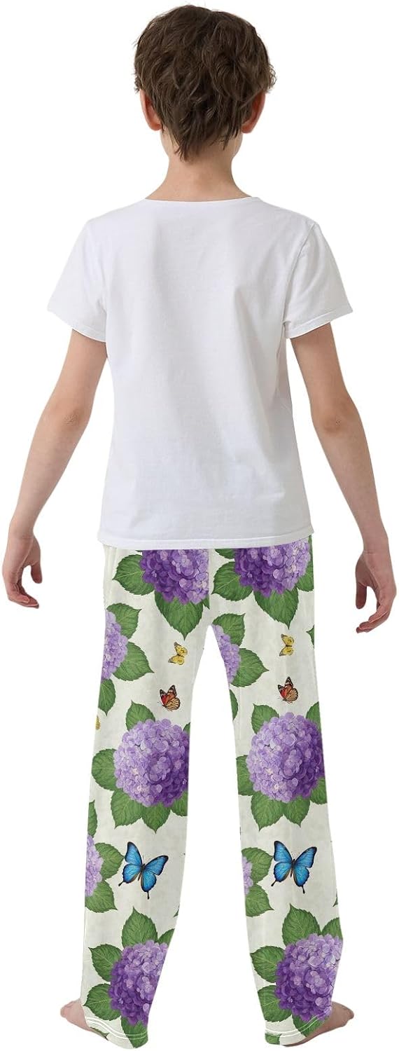 Purple Flower Green Leaf Butterfly Pajama Pants Soft Modal Lounge Sleepwear Elastic Waist Pockets
