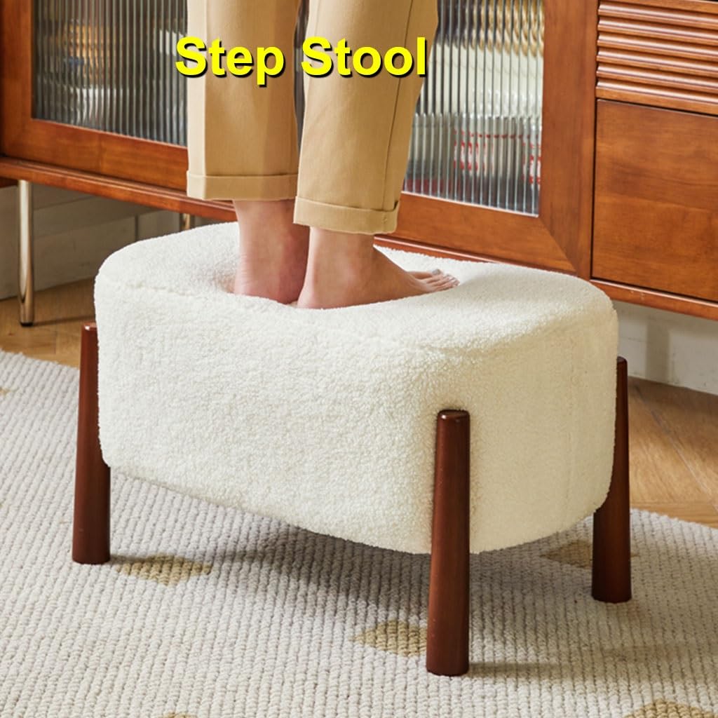 Sgabello poggiapiedi in velluto a coste bianco da 31,8 cm, con gambe in legno, elegante pouf e scarpiera per soggiorno, camera da letto, ingresso, versatile arredamento per la casa