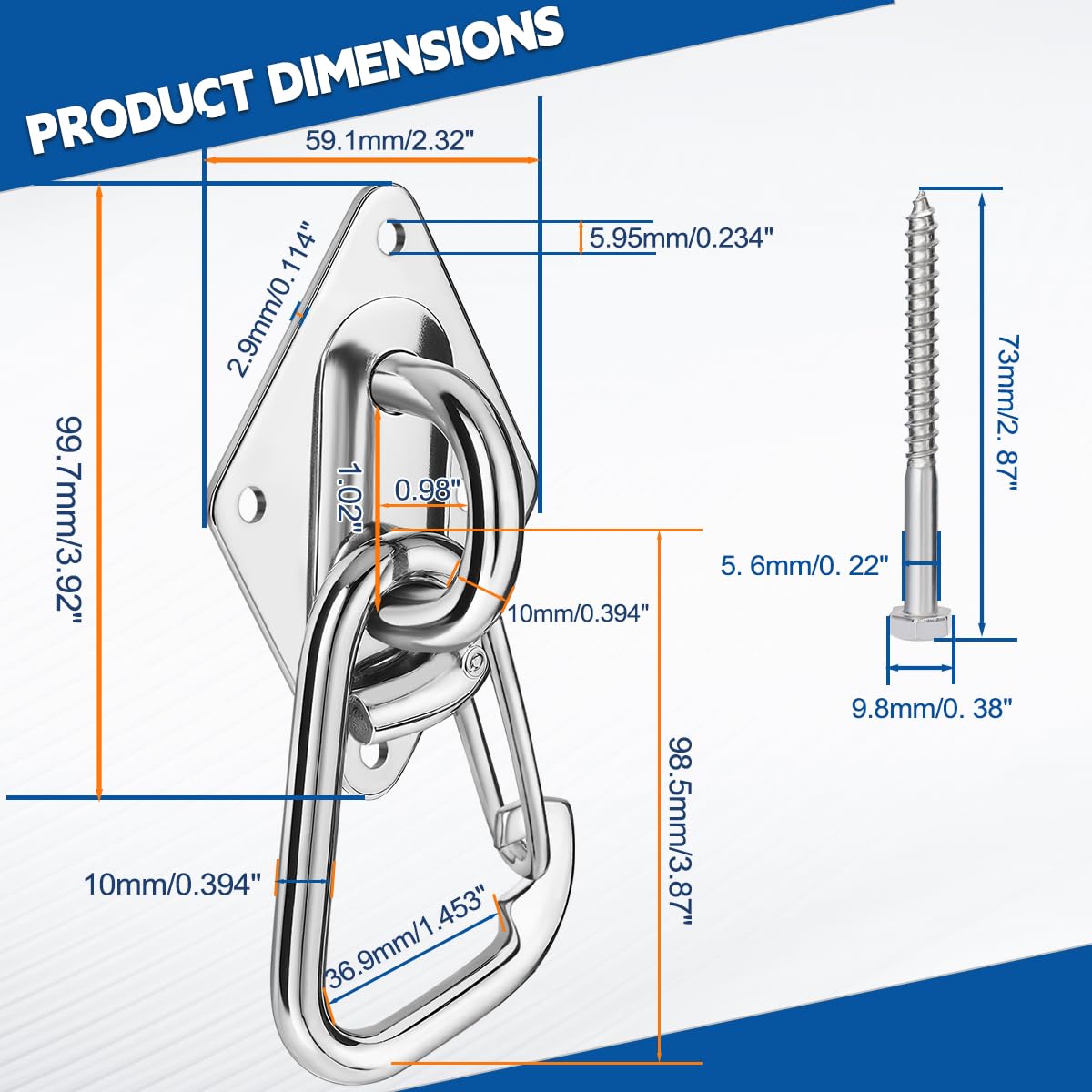 Kit de suspension robuste pour hamac – Crochets à œillet en acier inoxydable avec vis de montage pour plafond et mur – Matériel de charge de 1 632,9 kg pour intérieur et extérieur TRX Gym