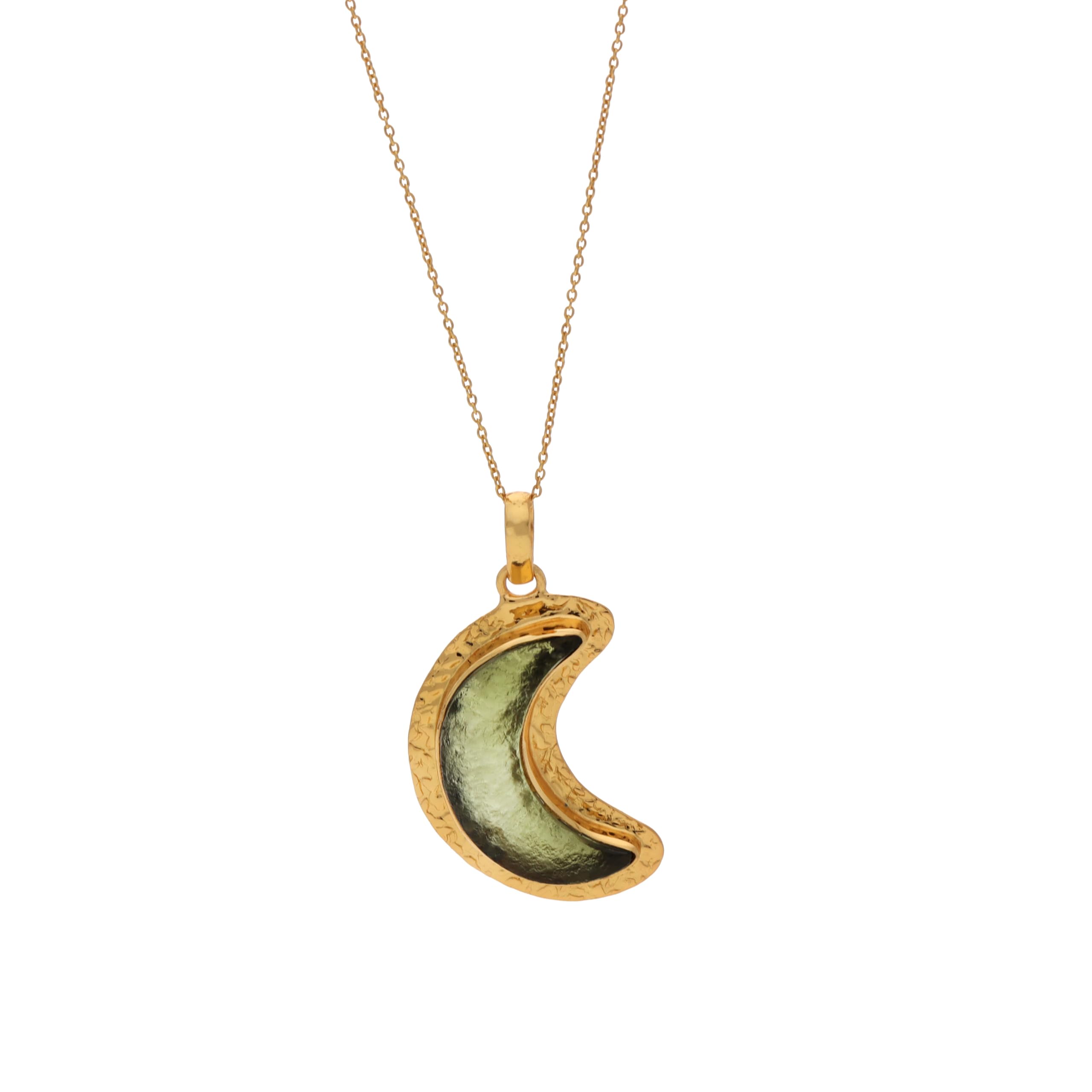 Moldavite Gemstone Half Moon Necklace in 925 Sterling Silver