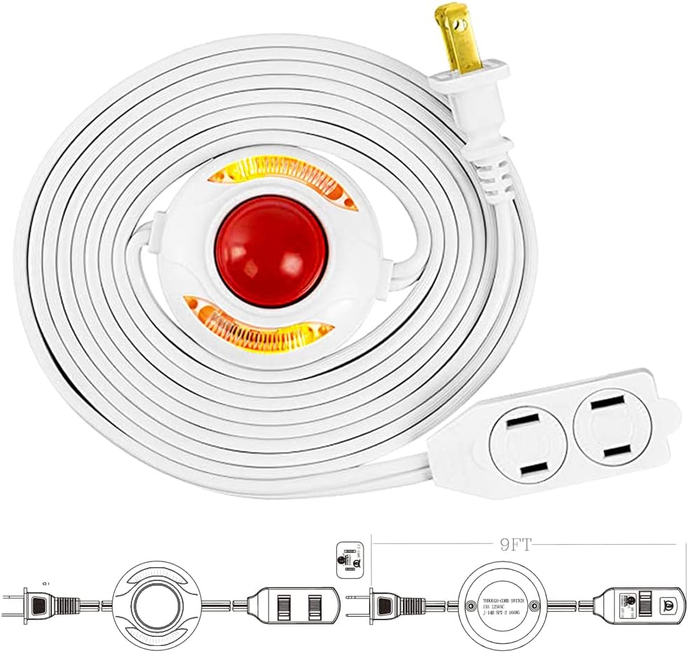 9Ft. 3-Outlet 2 Prong Extension Cord with Foot Switch Power Tab (2-Pack, White)