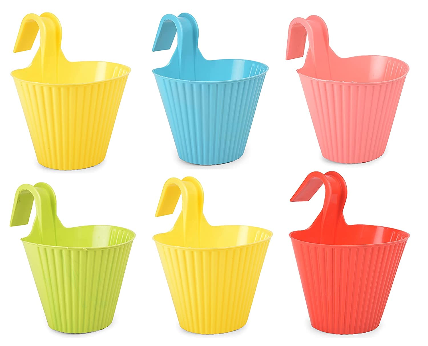 Imaginea Hanging Flower Pots Gamla for Balcony and Home Decoration, Beautiful Plastic Flower Pot Hooked Planter Colorful Basket for Indoor, Living Room, Garden, Railing (Multicolor) (Pack of 6)