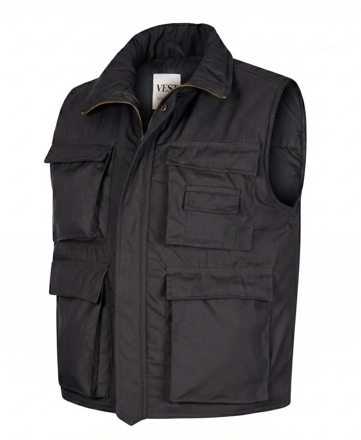 VINTIKA Men’s Padded Body Warmer Military Combat Vest - Multi Pocket Unisex Camo Army Gilet Hiking Waistcoat - Black - 4XL