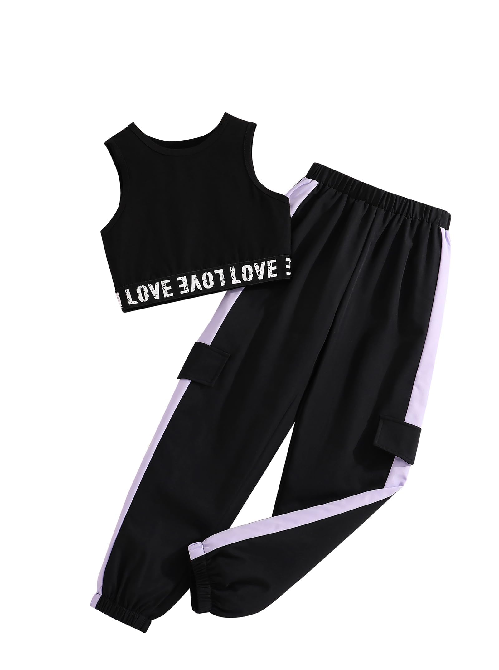Girls 2 Piece Outfit Sleeveless Crop Tank Top Cargo Pants Set 7-14Y | Hip Hop Dance Outfit, Basic Tank Top and Jogger Pant Sets Streetwear Clothes for Tween Girls