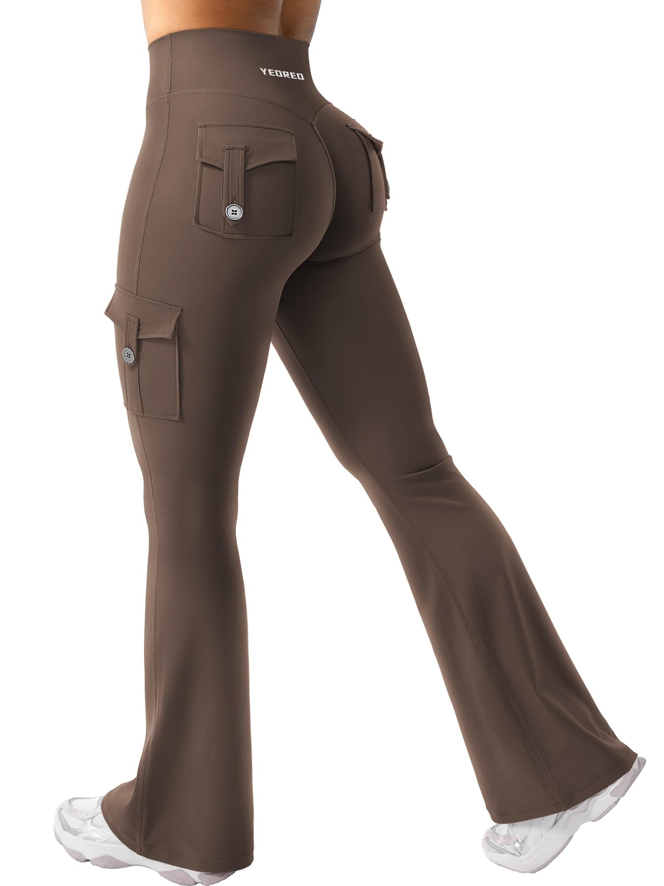 YEOREO CoreFlex Damen Flare Leggings mit 4 Pockets Invisible Scrunch Butt Sport Leggings High Waist Schlaghosen Workout Seamless Push Up Blickdicht Yoga Gym Legging