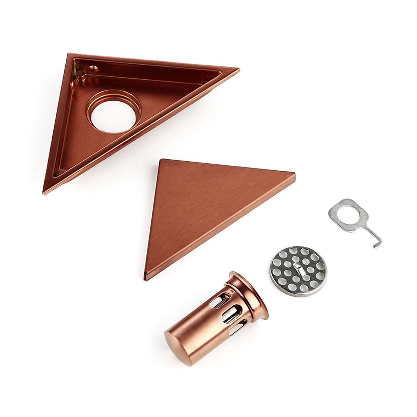 Scarico Doccia, Scarico a Pavimento in Acciaio Inox per Bagno, Scarico a Pavimento con Inserto in Piastrelle triangolari, Scarico Doccia con griglia Rimovibile, Filtro raccogli-Capelli, Oro Rosa