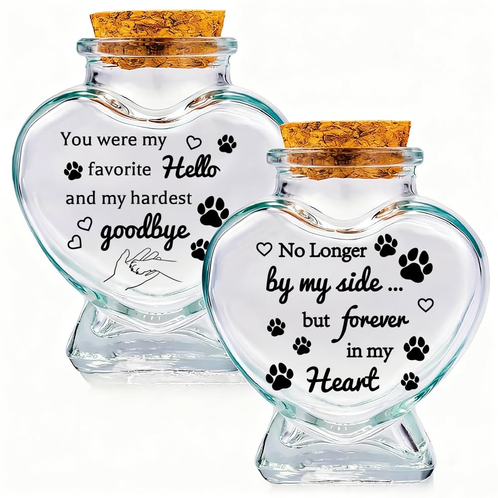 PRESSINART 2Pcs 2 Styles Pet Memorial Bottle 2.95 x 2.48 Inch Pet Hair Keepsake Jar with Cork Stopper Paw Print Pattern Glass Heart Shaped Container Memorial Urns for Storing Dog Cat Ashes Hair Furs