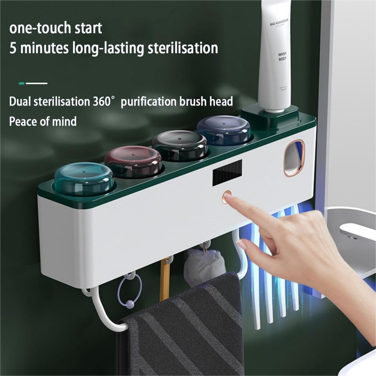 LANMOU Porta Cepillo de Dientes Pared, Dispensador Pasta Dientes Desinfectante para Cepillos de Dientes con UV Soporte para Cepillo Dientes Dispensador Automático Pasta de Dientes con Gancho y Tazas