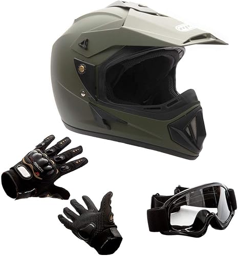 MMG Combo de 30 cascos todoterreno para adultos, DOT, MX ATV Dirt Bike Motocross UTV, XL, verde militar, incluye guantes y gafas de equitación