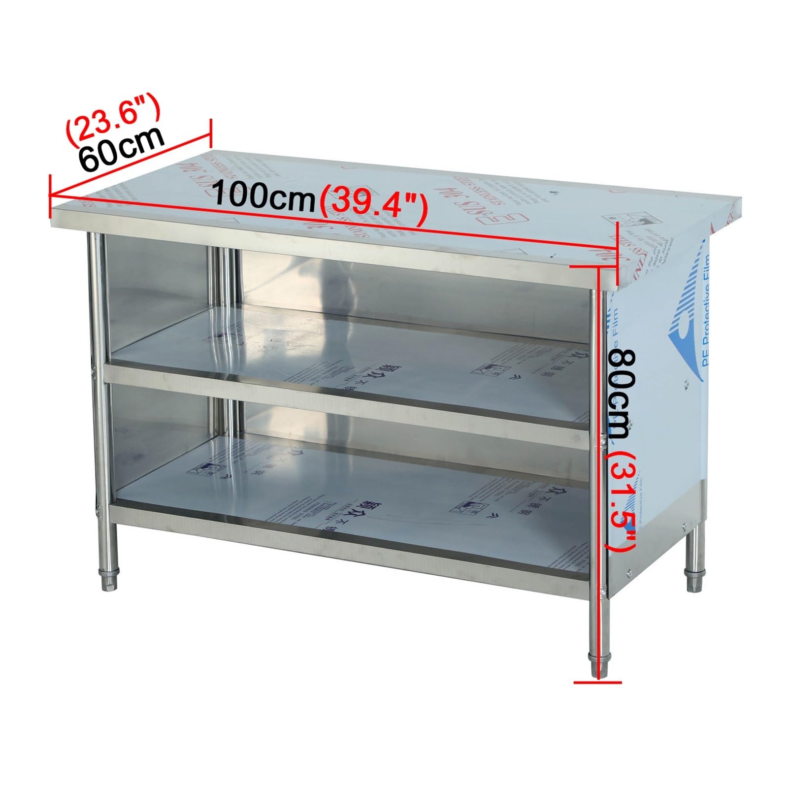 3-poziomowy stół kuchenny ze stali nierdzewnej z regulowanymi nóżkami, półzamknięte panele, gruby blat, wytrzymała konstrukcja, nerous stora, wys. 80 cm