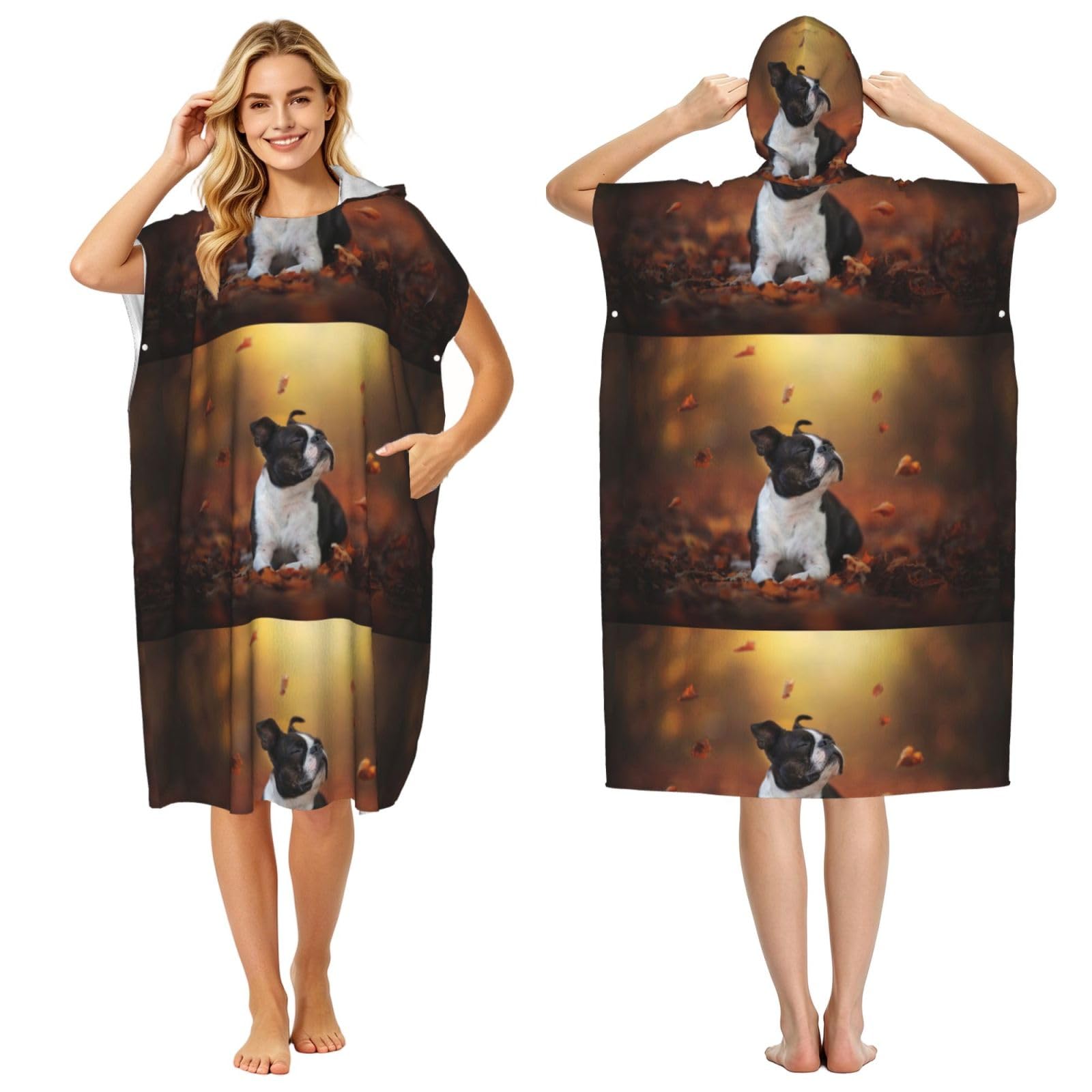 Poadnly Boston Terrier Autumn Bokeh Dogs Dogs, Adult Hooded Beach Towel 90 x 110 cm,Changing Bath Robe, Surf Poncho Towel For Women Men