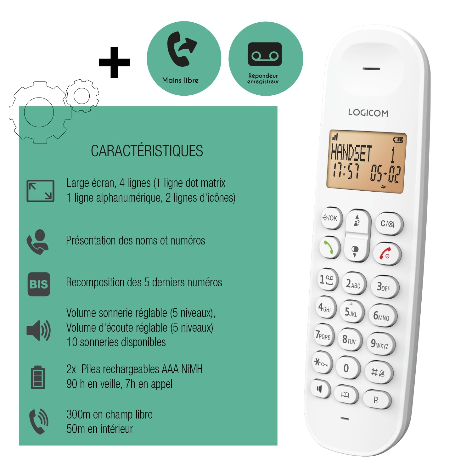 Téléphone fixe sans fil - LOGICOM - DECT ILOA 155T SOLO - Blanc - Avec répondeur