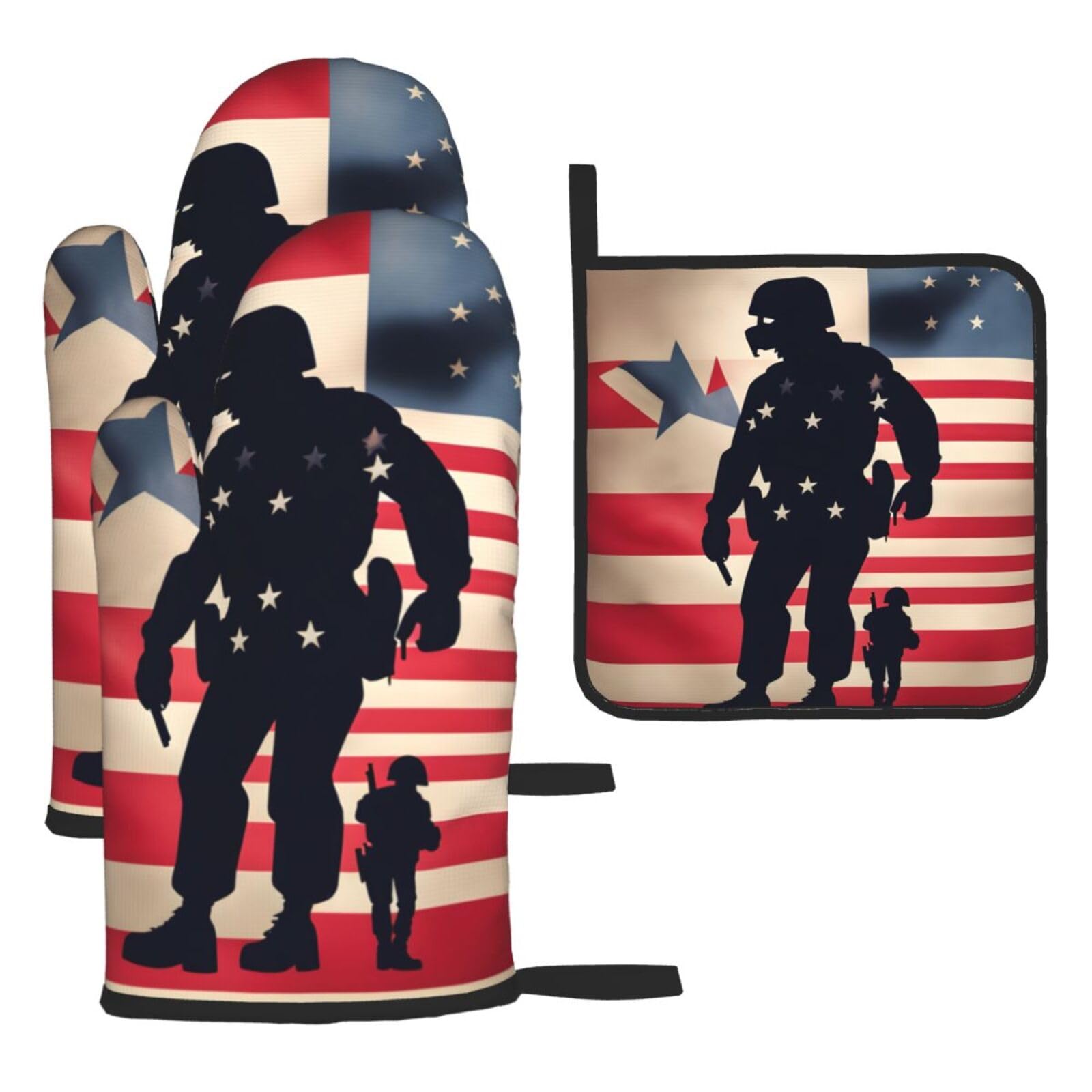 Yyoretp Black Us Military Soldiers Patriotic Memorial Day Print Oven Mitts And Potholders Bbq Gloves-Oven Mitts And Pot Holders For Cooking Baking