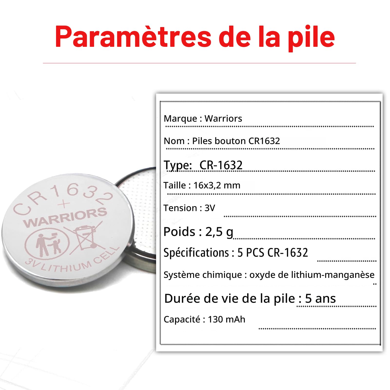 Warriors 5X Pile Piles 1632 CR1632 Bouton 3V,Emballage à l'épreuve des Enfants, Montres, télécommandes, Cartes mères d'ordinateurs, calculatrices