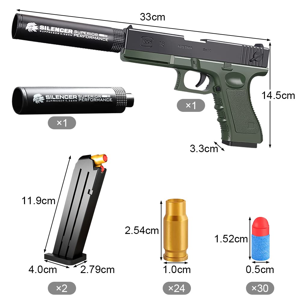 Miękki pistolet kulowy, pistolet do zabawy z miękką kulą, pistolet dziecięcy z tłumikiem, do modelu pistoletu dla 12 + prezentów dla dzieci (zielony)