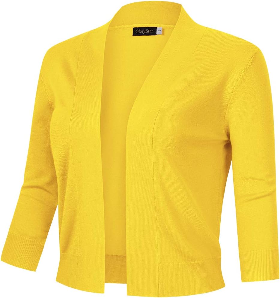 GloryStar Women's 3/4 Sleeve Open Front Cropped Cardigan Sweater Lightweight Knit Short Shrugs (XS, Yellow)