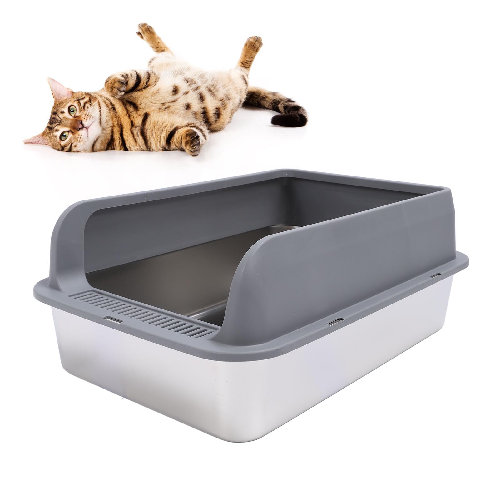 Stainless Steel Litter Box, Open Top Cat Litter Tray High Side Anti Splash Metal Cat Litter Box with Scoop, for Cats/Pets Dark Gray ﻿(Large: 50X35X10cm/19.7X13.8X3.9in)