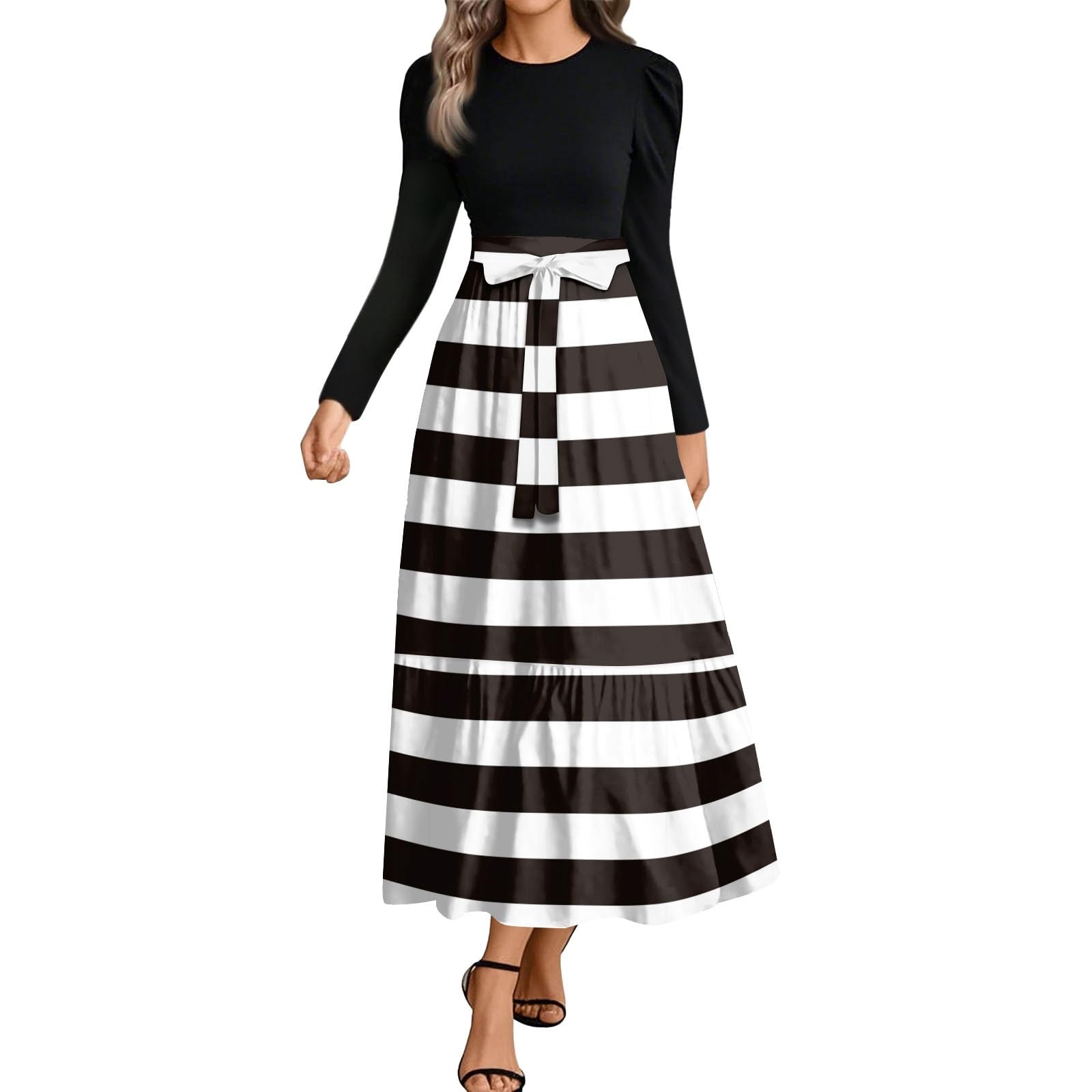 Vestidos de verano para mujer, hasta la rodilla, vestidos de verano de manga larga | Vestido de otoño con cuello redondo y ligero, elegante, entallado, elegante, de vacaciones, de manga larga