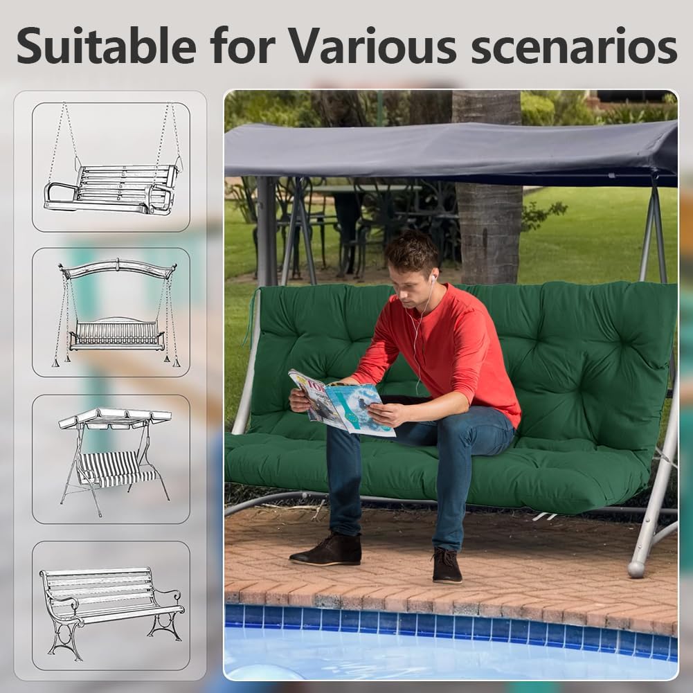 Porch Swing Cushions 47x40x4 inch Replacement with Backrest and Ties, Waterproof Thicken for Porch, Garden, Backyard Furniture Patio Lounger Green
