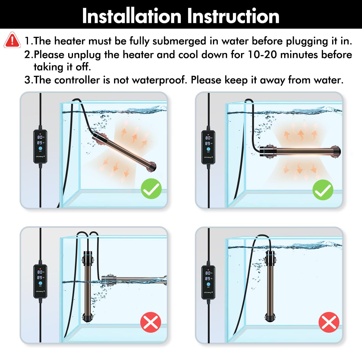 Orlushy 100 W Tauch-Aquarium-Heizung, verstellbare Aquariumheizung mit Digitalanzeige, externer Steuerung, Überhitzungsschutz und kostenlosem Thermometer für Süß- und Salzwassertank mit 3,5 - 7,8 l