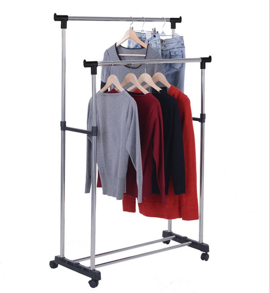 Themost Shop Double Pole B Adjustable Portable Clothes Hanger Rolling Garment Rack Duty Rail :New