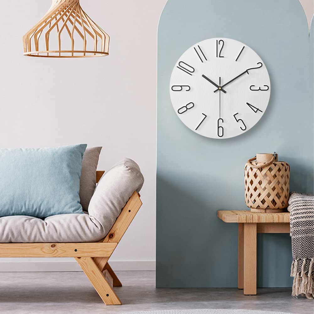 ALEENFOON 30,5 cm ronde niet-tikkende wandklok, 3D groot aantal moderne kwarts, stille frameloze ultradunne houtnerf wandklokken voor thuis, woonkamer, kantoor, keuken, school (zilver