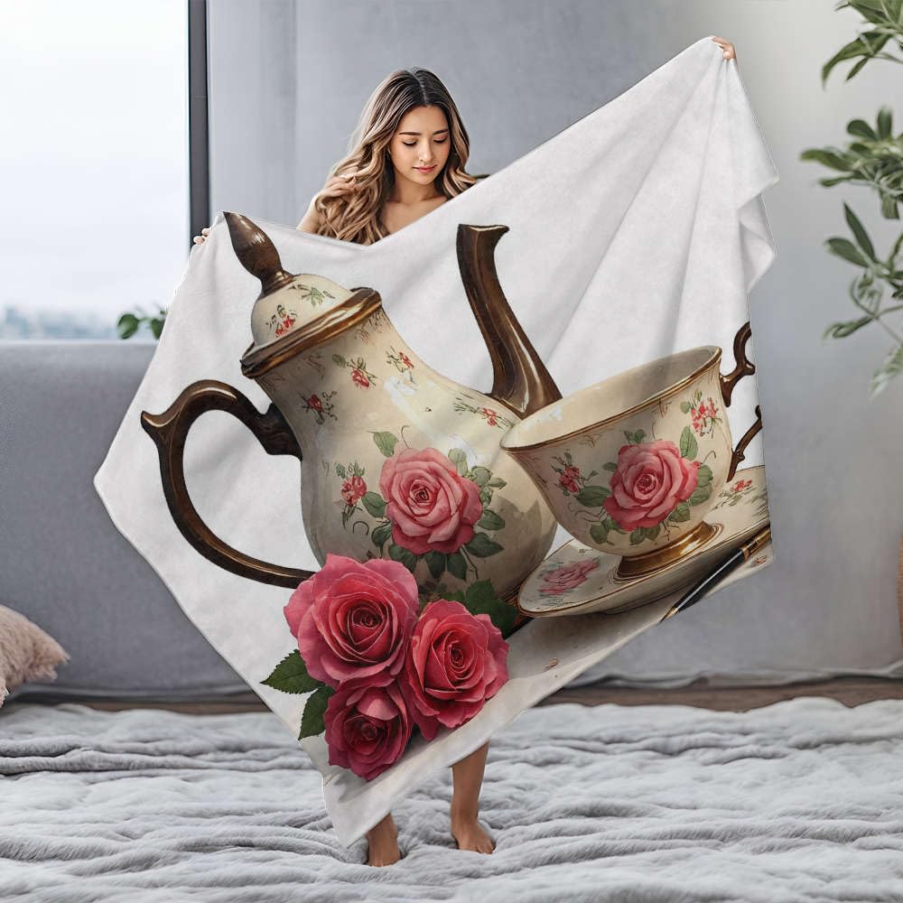 Plaid flanelle théière florale 125x150 cm cadeau anniversaire