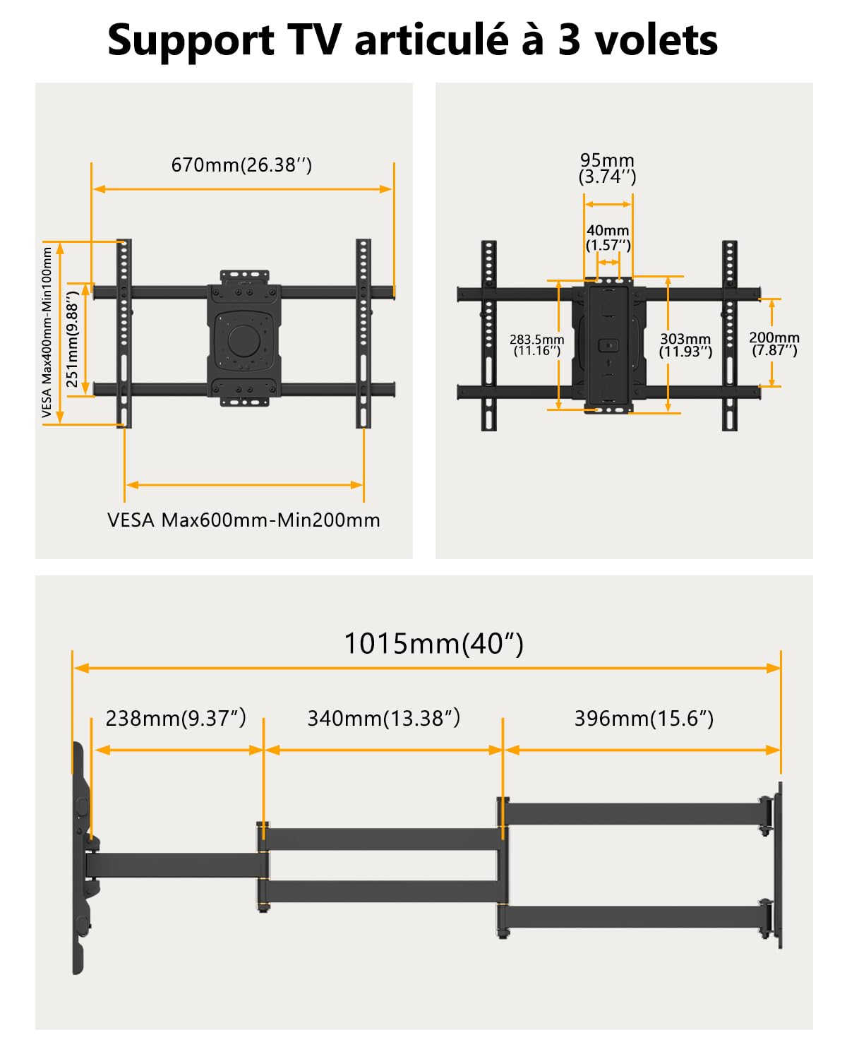 Support Mural TV à Extra Longue Portée 1016mm jusqu'à 45kg | Support TV Mural Orientable et Inclinable pour Téléviseurs 37-75 Pouces Plasma OLED LCD Incurvés/Plats Max. VESA 600x400mm