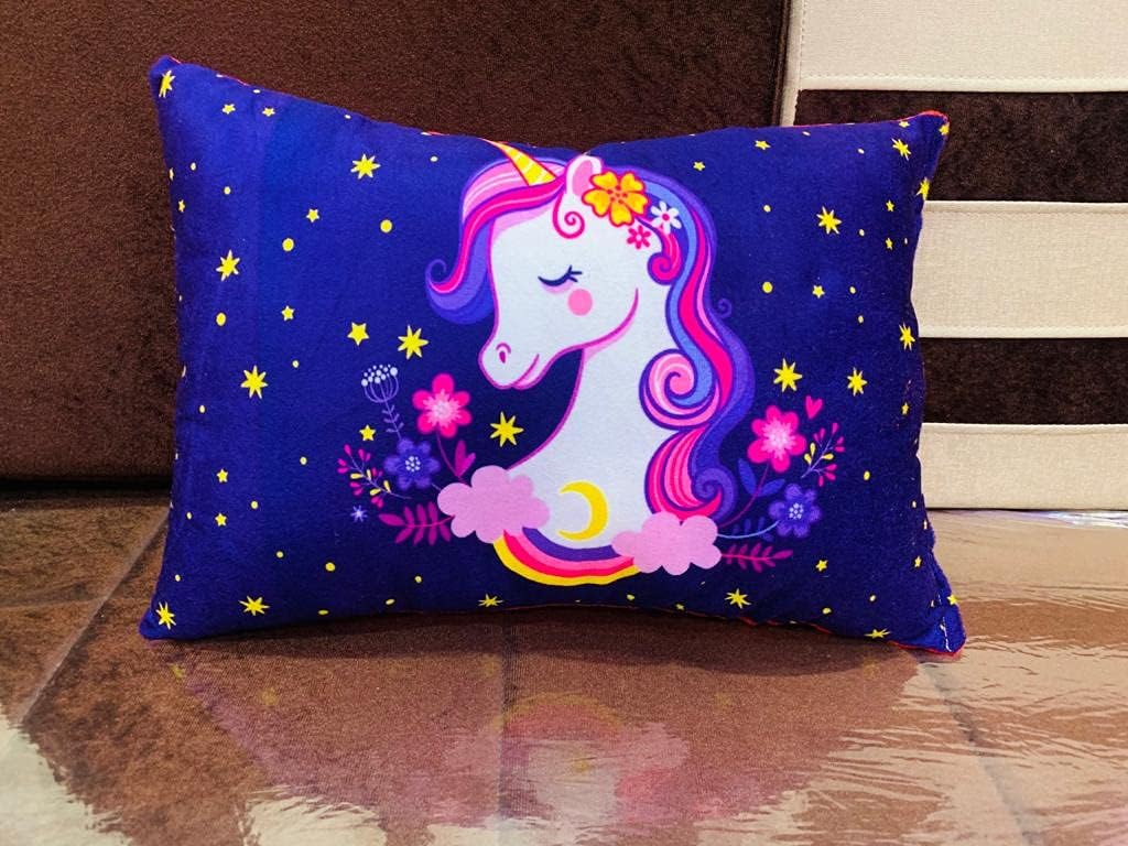 NISHOMES Velvet New Unicorn Design Printed Kids Cartoon Pillow/Cushion Fiber Filled Size 12x18 Inches (Blue)
