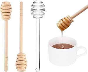 Honey Dipper Sticks Set, Glass Stirrers Spoon with 2 Pcs Wooden Honey Dipper for Jam Muddler, Chocolate, Caramel