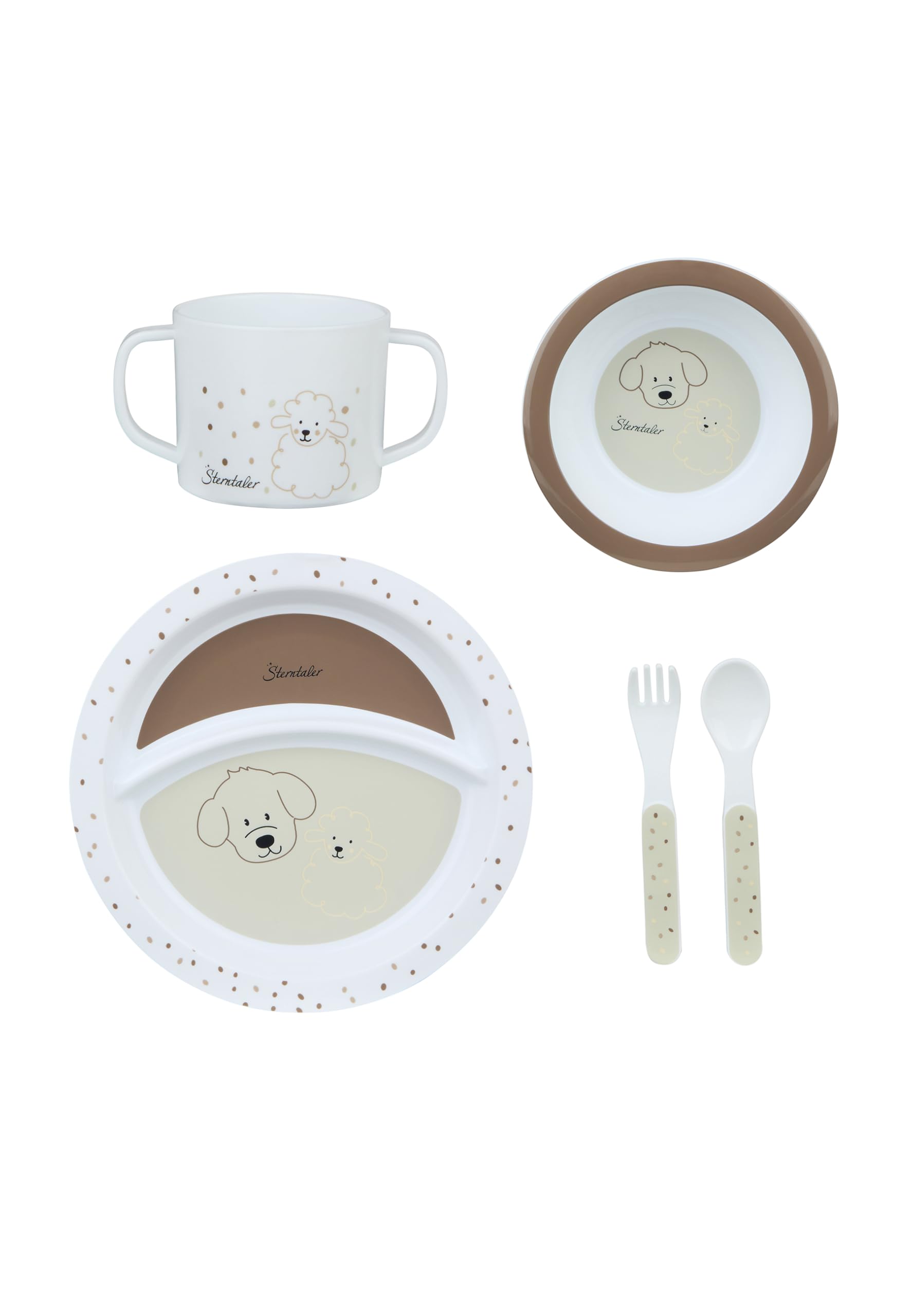 Sterntaler Set di stoviglie da fattoria – stoviglie per bambini e bambini con base antiscivolo su piatto, tazza e tazza – robuste stoviglie per bambini e bambini in materiale alimentare, beige