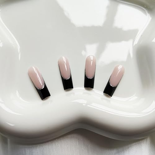 Miniatura 2 de 24 uñas postizas largas a presión, cuadradas con diseño francés, uñas acrílicas negras con purpurina plateada, uñas postizas con pegamento