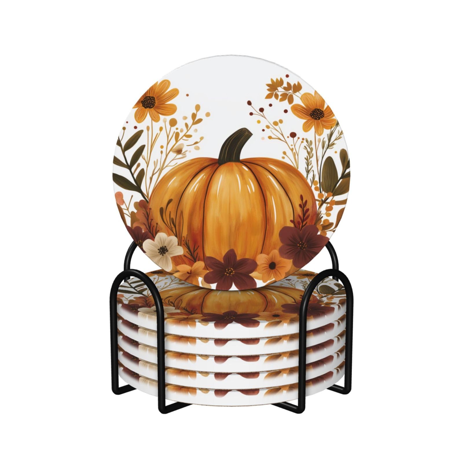 Pumpkin Whimsical Autumn Flowers Ceramic Coasters with Holder 6ps