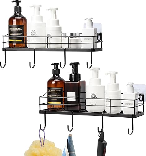 Miniatura 6 de Lyeasw Black Floating Shelves Wall Mounted with 8 Removable Hanging Hooks, 15-Inch Adhesive Shower Shelf Organizer for Bathroom Kitchen Storage