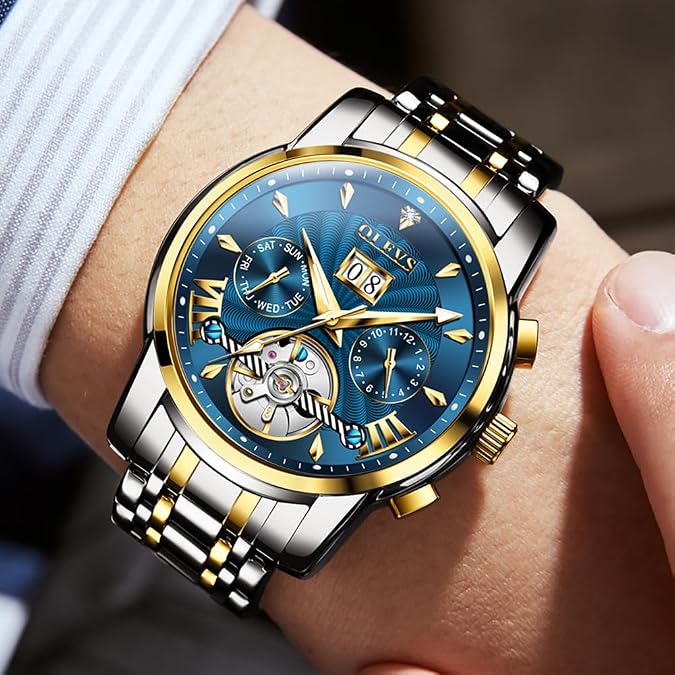 OLEVS Self Winding Watches for Men Automatic Mechanical Dress Tourbillon Stainless Steel Dual Calendar Waterproof Luminous Wrist Watch
