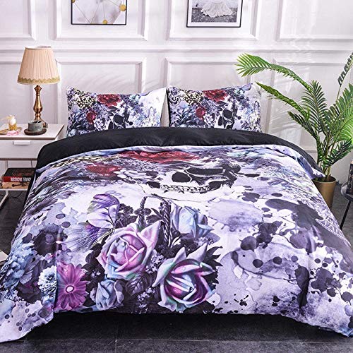 RONGXIE Bedding Set Polyester 2/3pcs Skeleton Black Skull Death's-head Flower Design Bedclothes Duvet Cover Set For Home Textiles