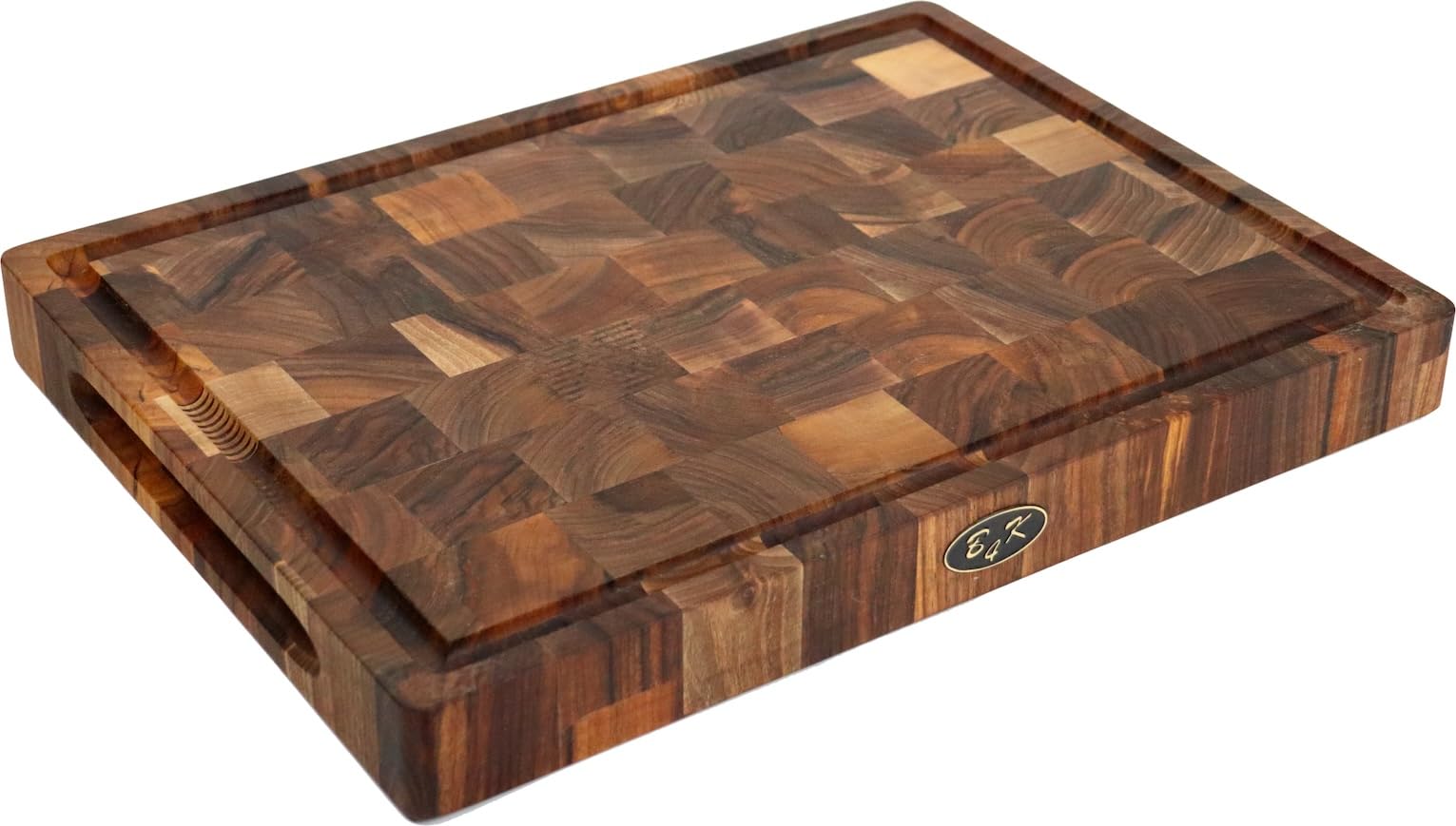 B4K Solid Walnut Wood Chopping Board 40 x 30 x 4 cm | Antibacterial End Wooden Kitchen Board with Handles, Silicone Feet and Juice Groove