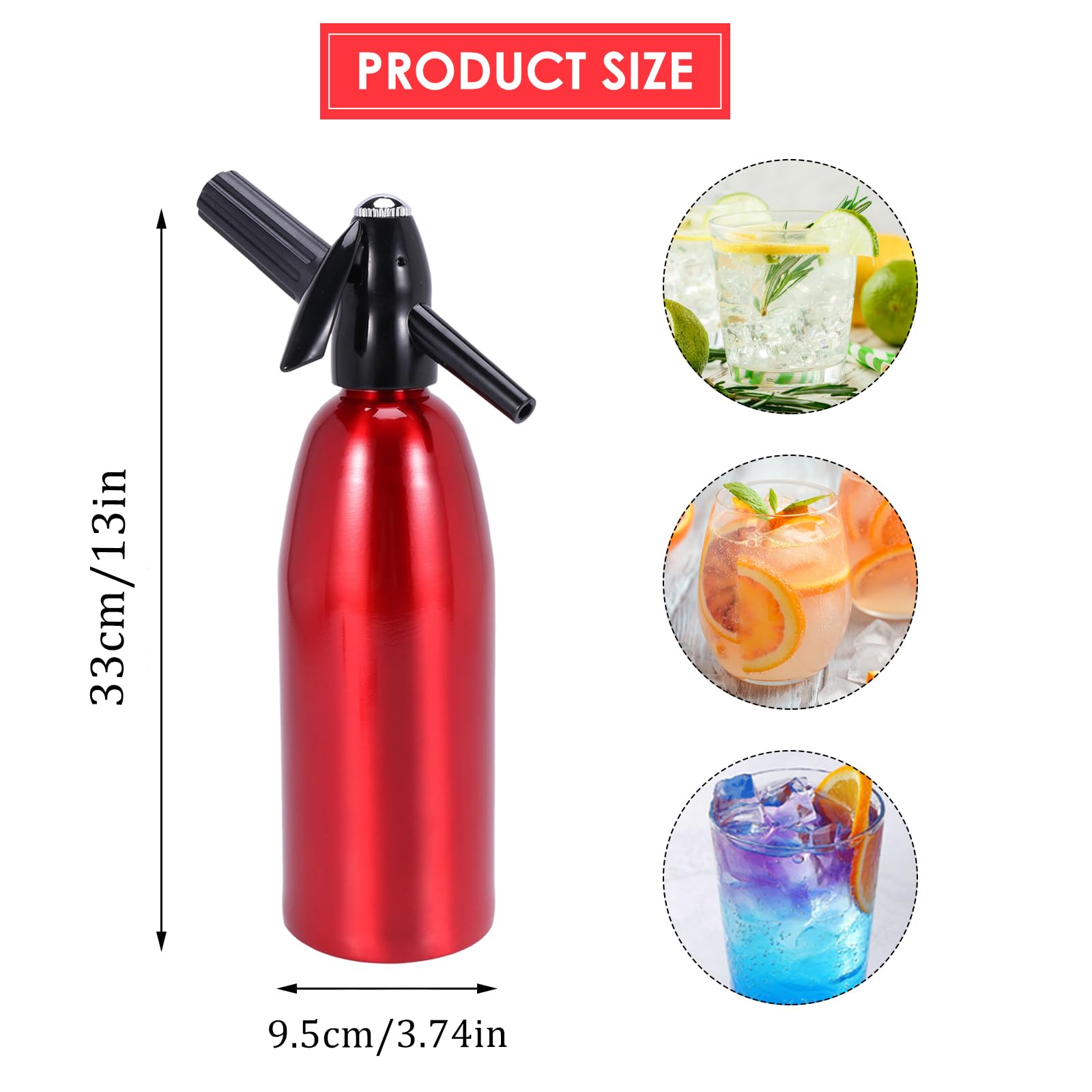 Qudubuy 1L Portable Aluminum Sparkling Water Maker, Nostalgic Home Soda Syphon for DIY Carbonated Soda Water, Siphon Bottle Kit for Refreshing Seltzer, Cocktails, Juices and Fizzy Drinks (Red)