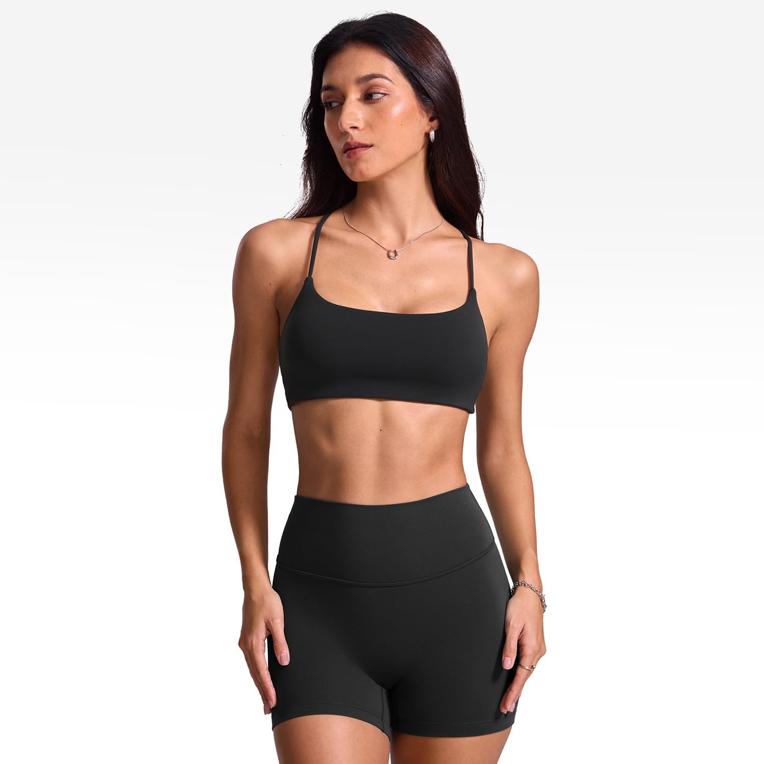 Women's Low Scoop Neck Sports Bra Spaghetti Criss Cross Strap Padded Workout Yoga Bra Crop Top - Image 4