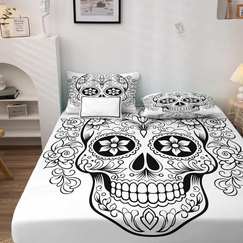 Miniatura 3 de Juego de sábanas tamaño Queen con diseño de calavera de azúcar, sábanas de microfibra suave, bolsillo profundo, sábanas y fundas de almohada sin
