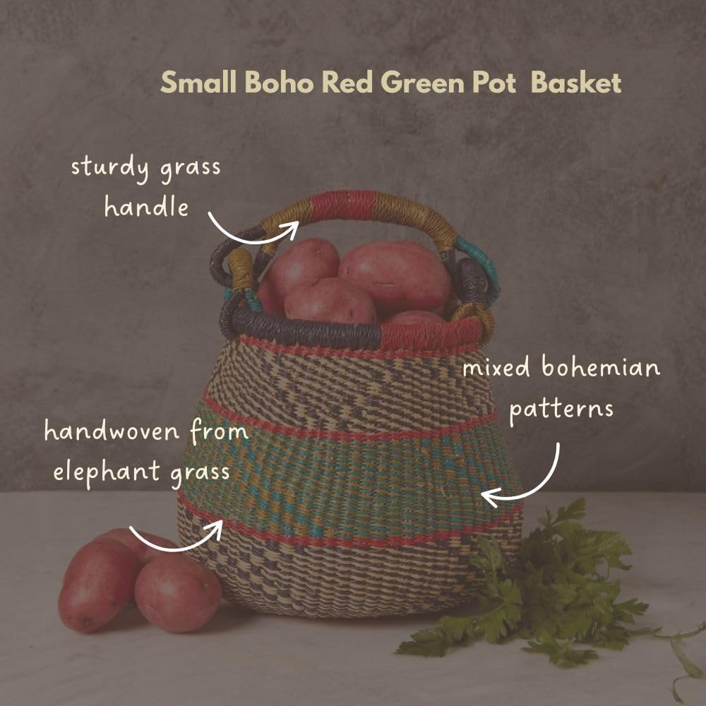 Small Fruit Basket for Kitchen Counter, Boho Pattern in Red, Green and Black, 10 Inch Wide