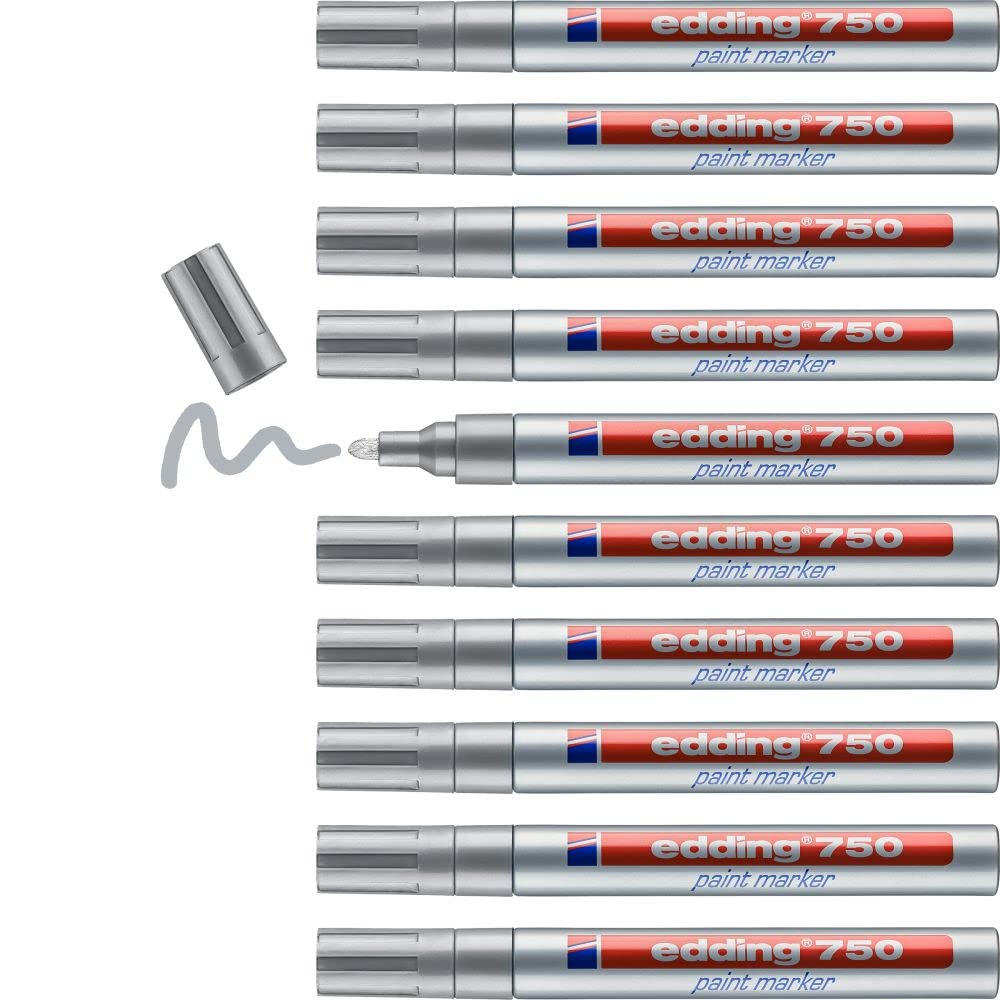 edding 750 paint marker - silver - 10 pens - round tip 2-4 mm - paint marker for marking and labelling metal, glass, rocks or plastic - heat-resistant, permanent, smudge-proof and waterproof