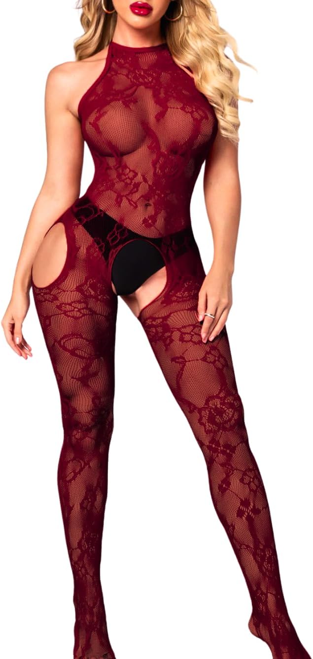 Fishnet Body Suits, Satin Bow, Halter Backless Stretch Lingerie Stocking