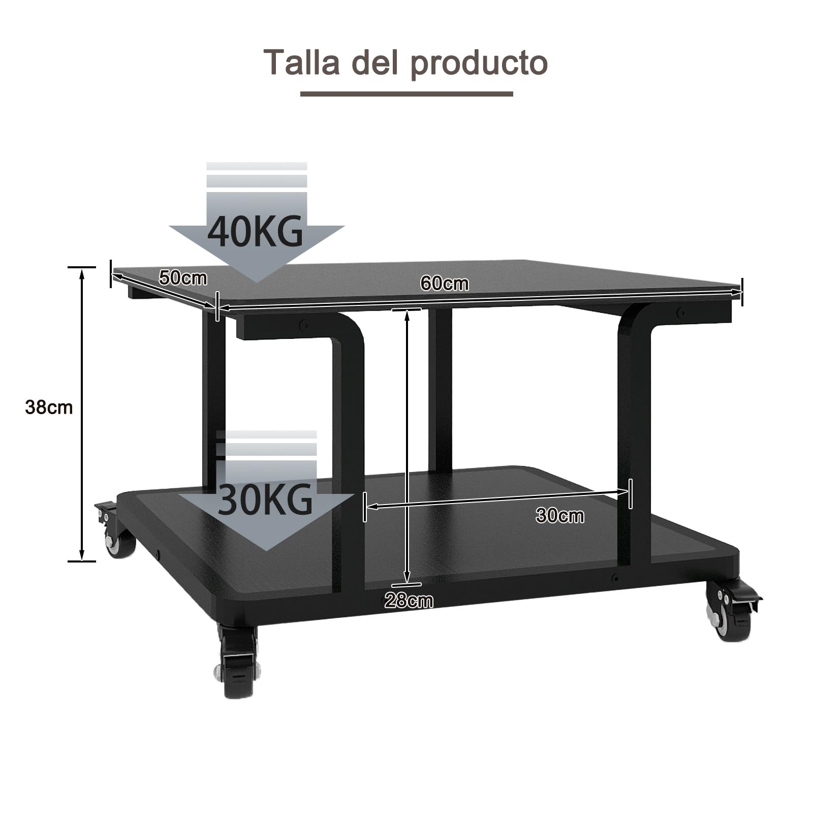 PUNCIA Mesa para Impresora de 2 Niveles con Ruedas 60 x 50 cm Soporte para Impresora Móvil de Madera y Metal con Estante de Almacenamiento para Oficina Hogar Escuela Negro