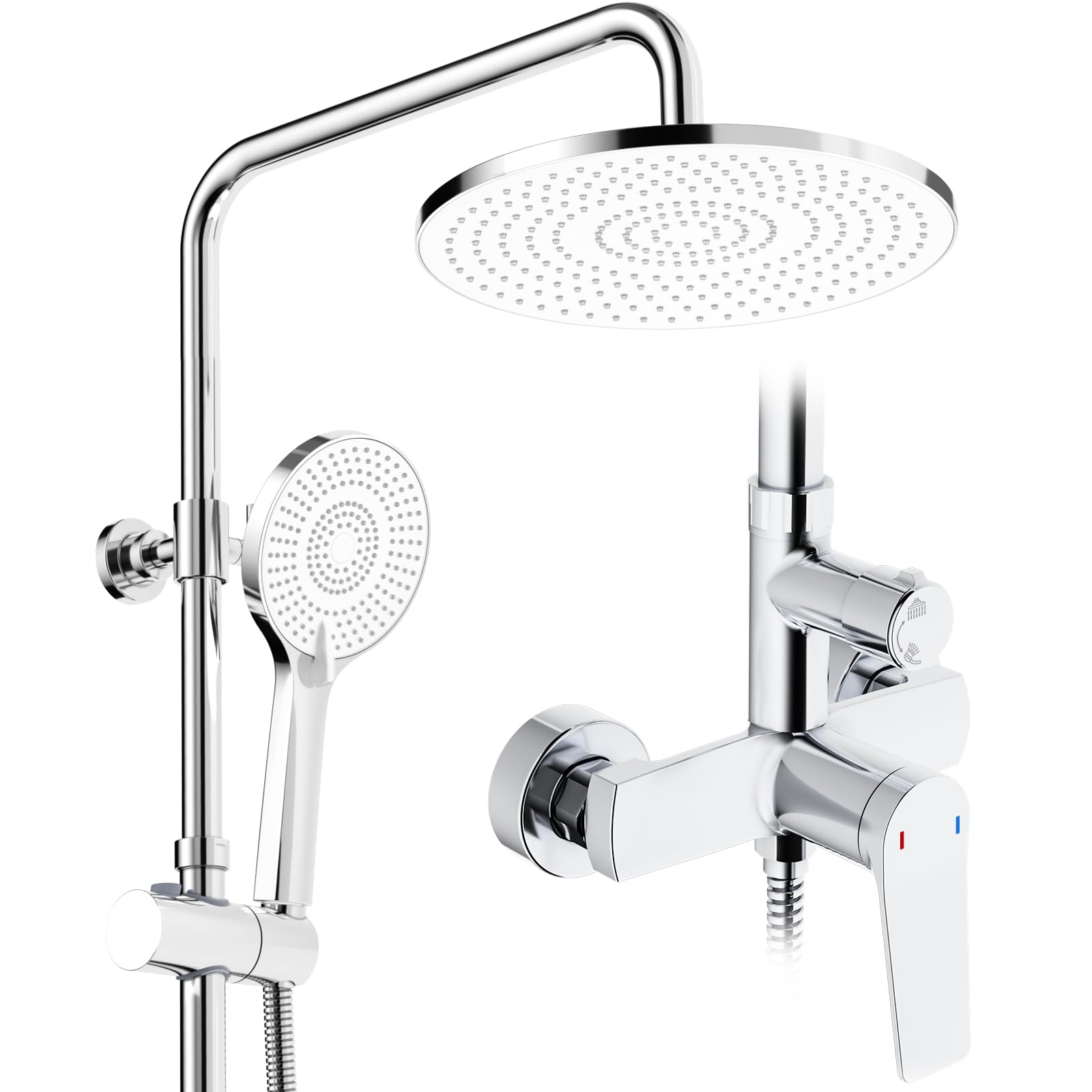 Rainsworth Duschsystem mit Armatur Chrom | Regendusche 25 cm | 3 Strahlarten | Komplettset für Badezimmer | Hochwertige 