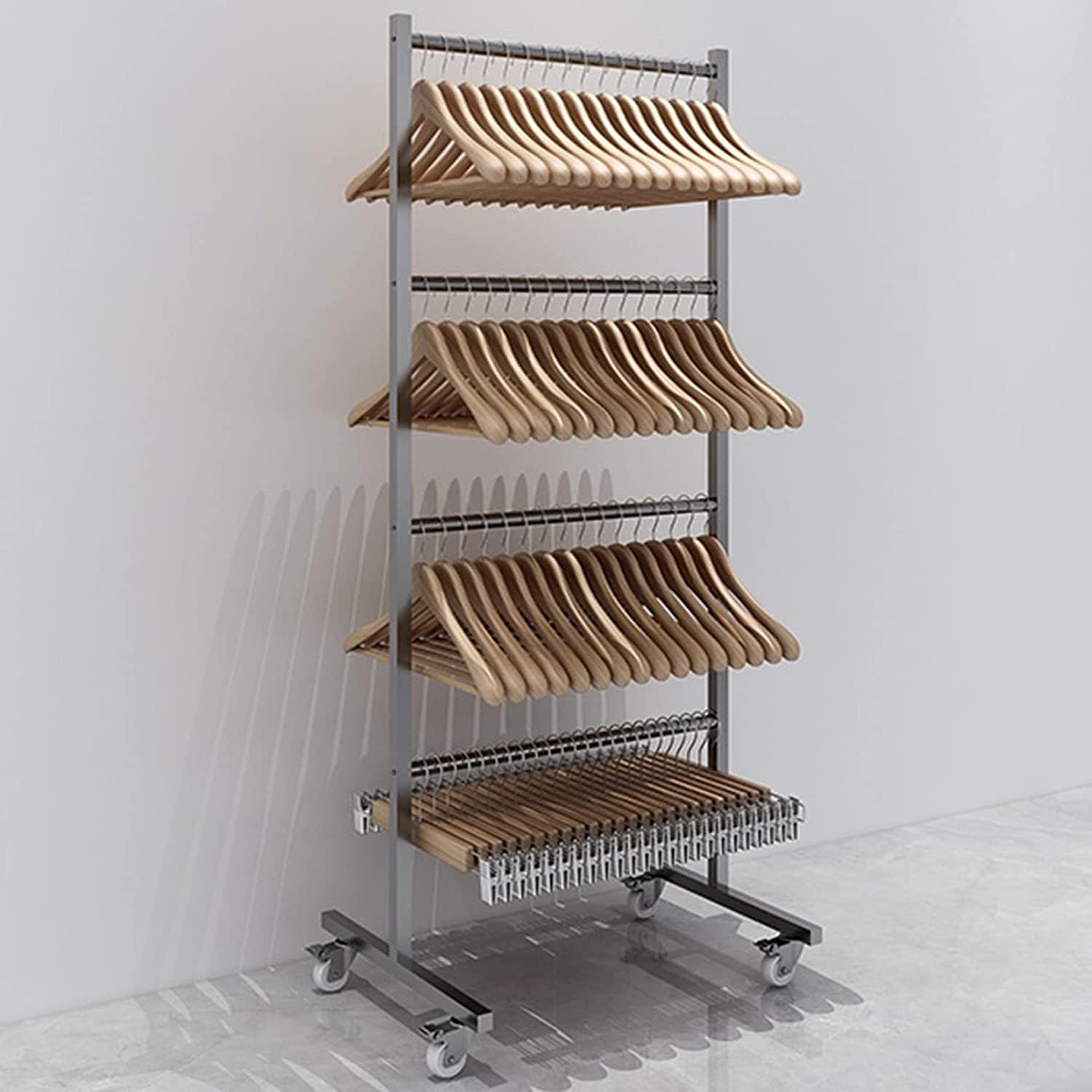Sistema De Almacenamiento De Perchas De Ropa De 4 Niveles, Soporte De Perchas De Acero Inoxidable con Barras para Perchas, Estantes De Almacenamiento para Tiendas Minoristas