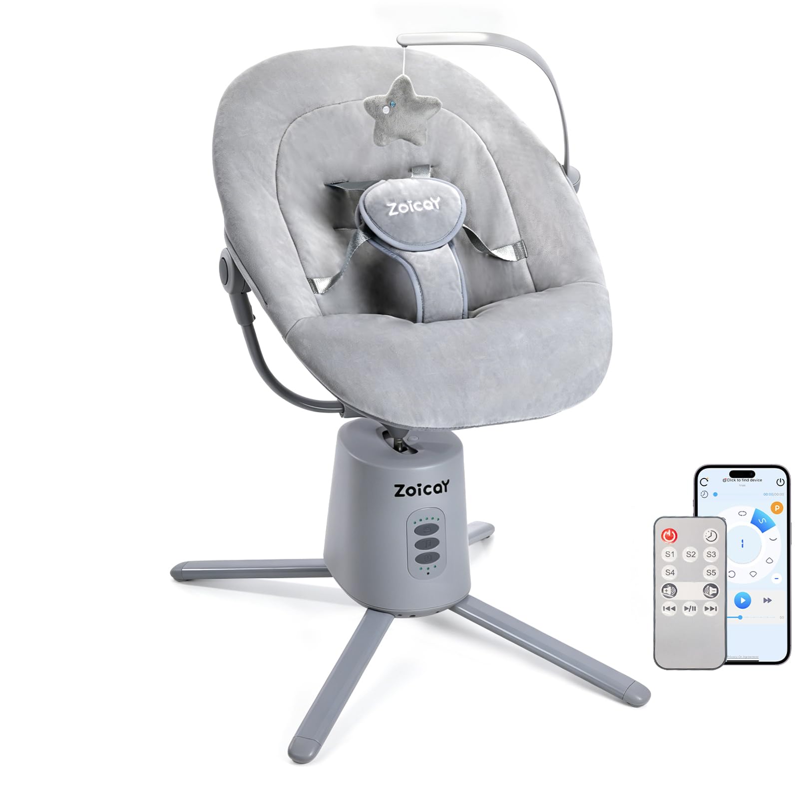 Zoicay Mecedora Bebe Electrica con 3 Modos y 5 Velocidades | Hamaca Bebé Respaldo Ajustable, Función de Temporización y Música Mando a Distancia y Bluetooth para bebe 0-9 Meses (Gris)